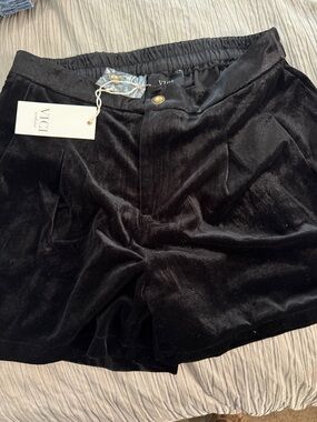 VICI Black Velvet High-Waist Shorts with Front Button Detail